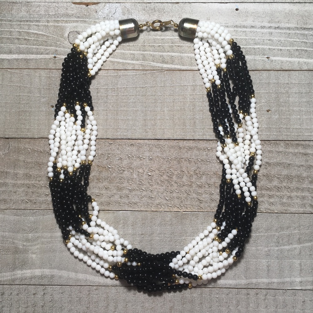 Black White Gold Beaded Layered Necklace